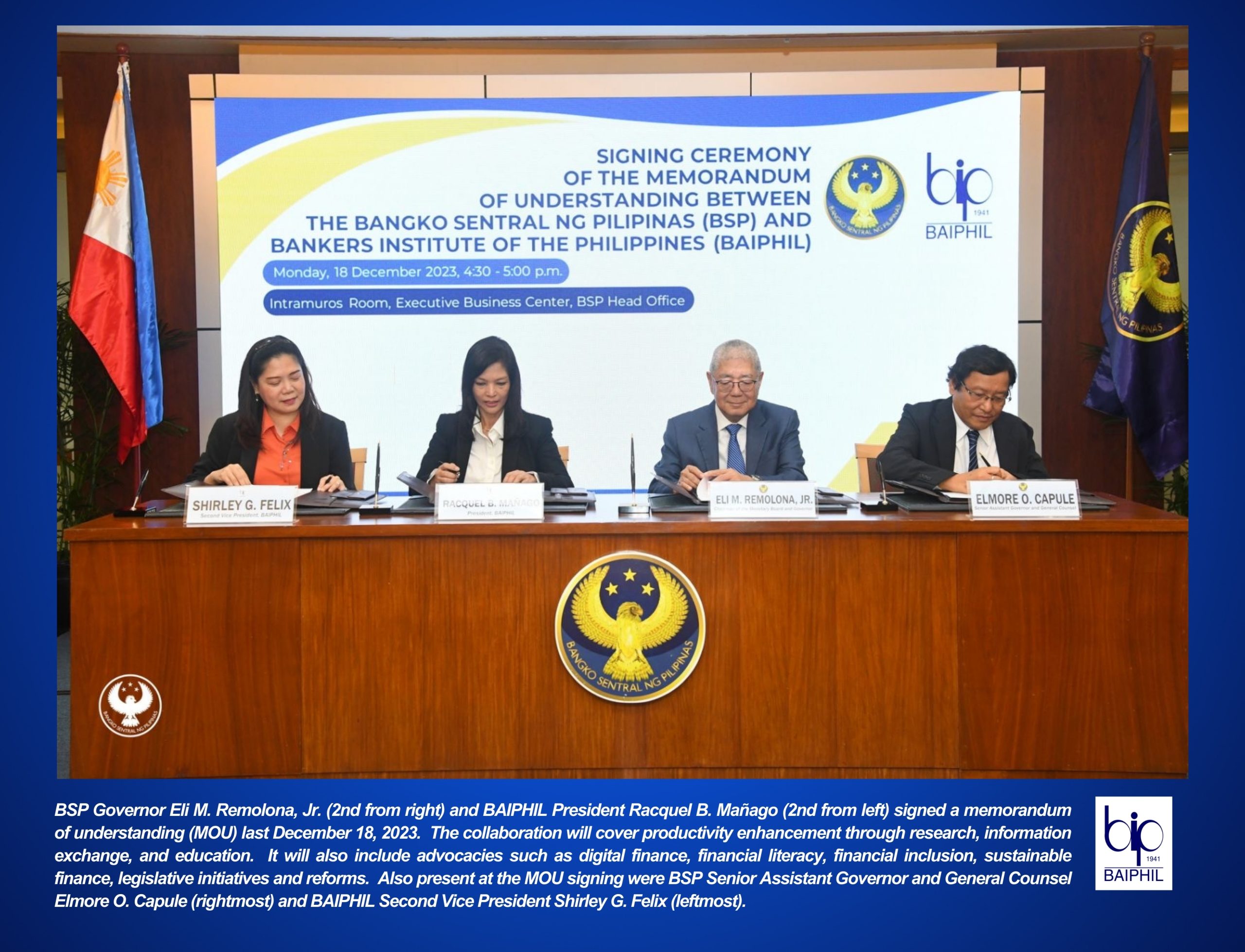 Signing Ceremony of the Memorandum of Understanding Between the Bangko Sentral ng Pilipinas (BSP) and Bankers Institute of the Philippines, Inc. (BAIPHIL)